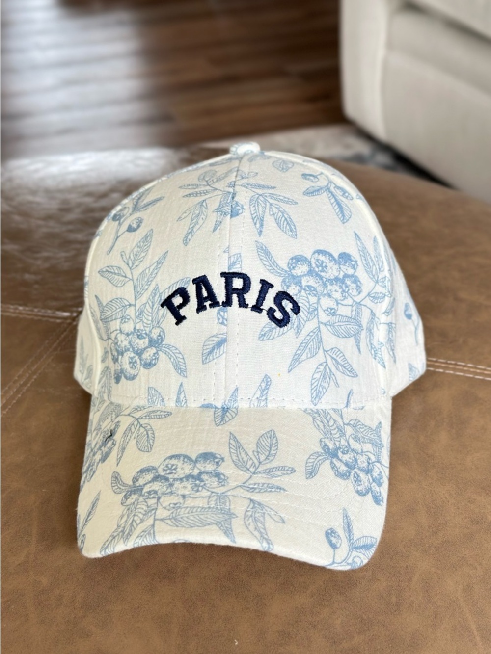 Paris Floral Embroidered Baseball Cap - Cream and Blue